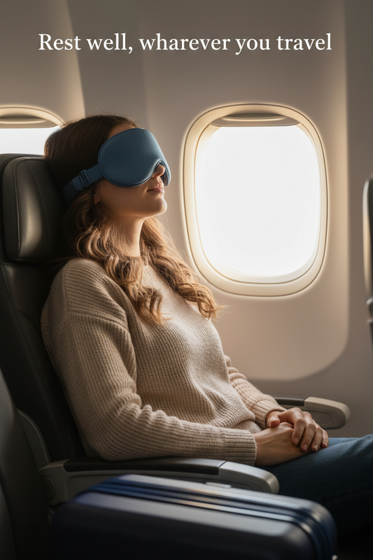 Woman wearing the blue sleep mask on a plane