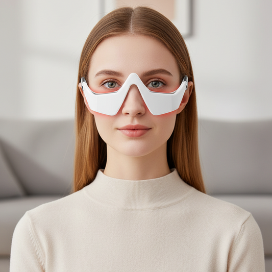 Woman wearing under-eye massager glasses