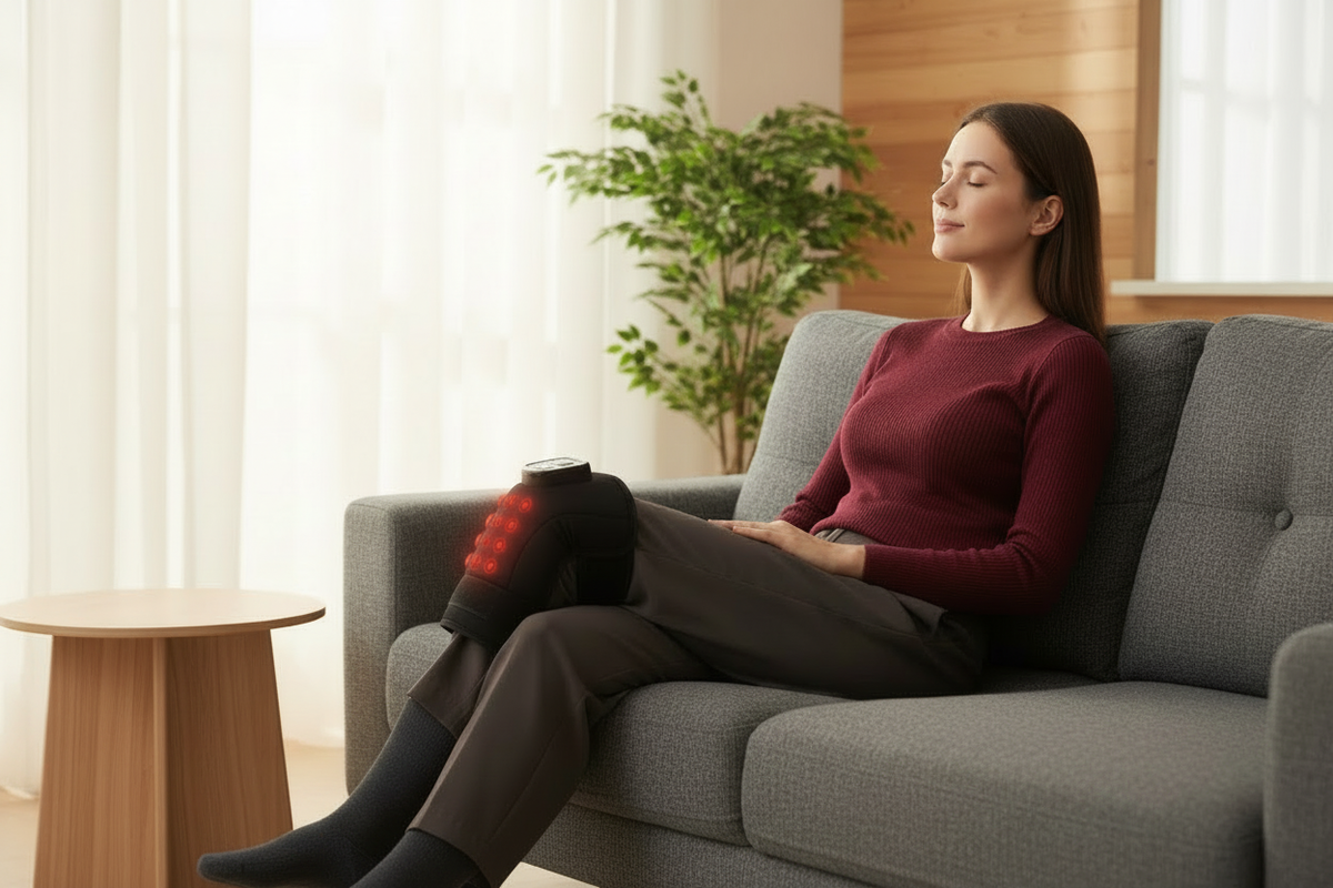 Fully covered woman relaxing on a sofa with a black heat and vibration knee massager clearly fitted around her covered knee