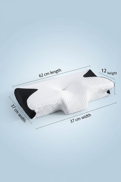 Ergonomic neck support pillow showing dimensions 62 by 37 by 12 centimetres