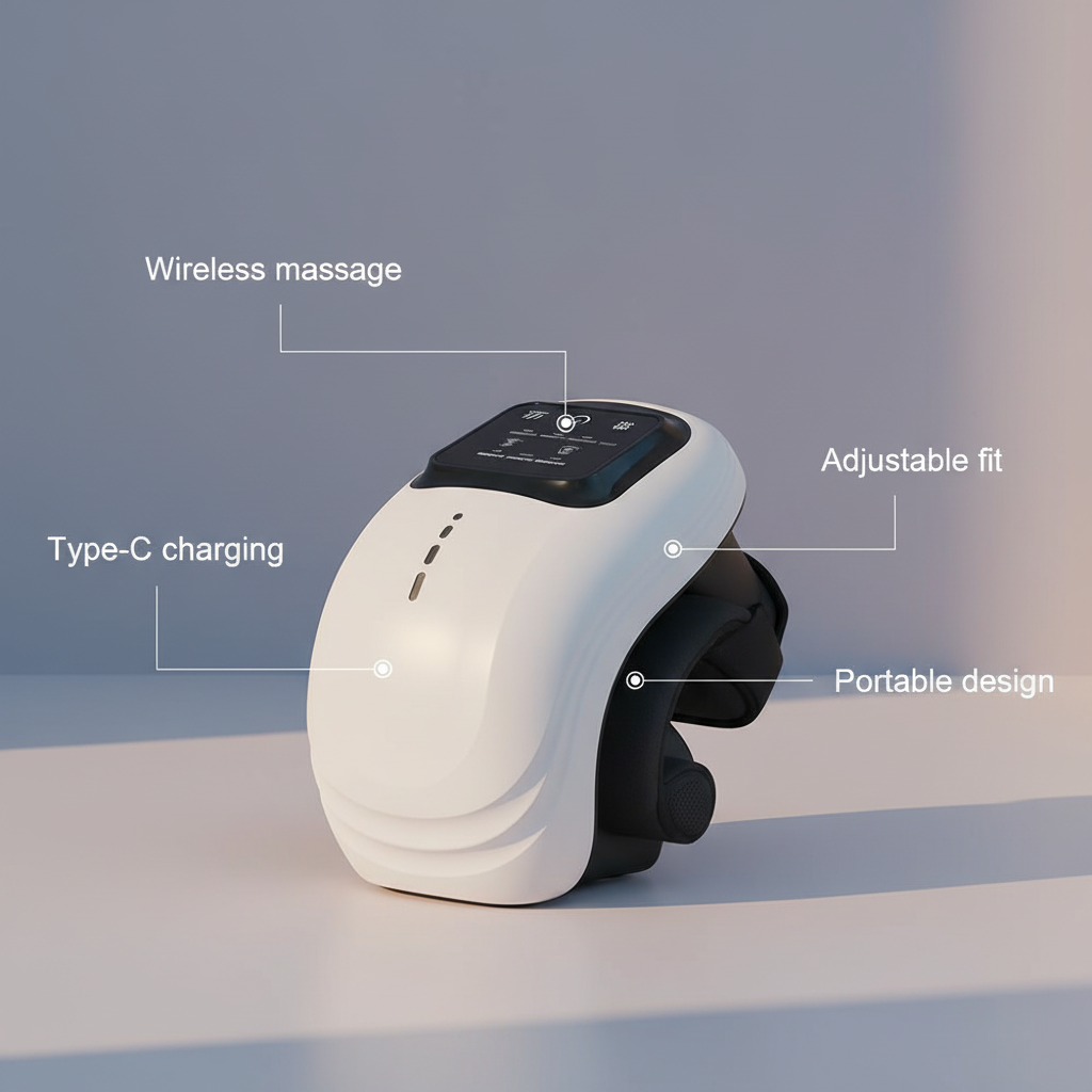 Heat and vibration knee massager with wireless use, adjustable fit, Type-C charging and portable design