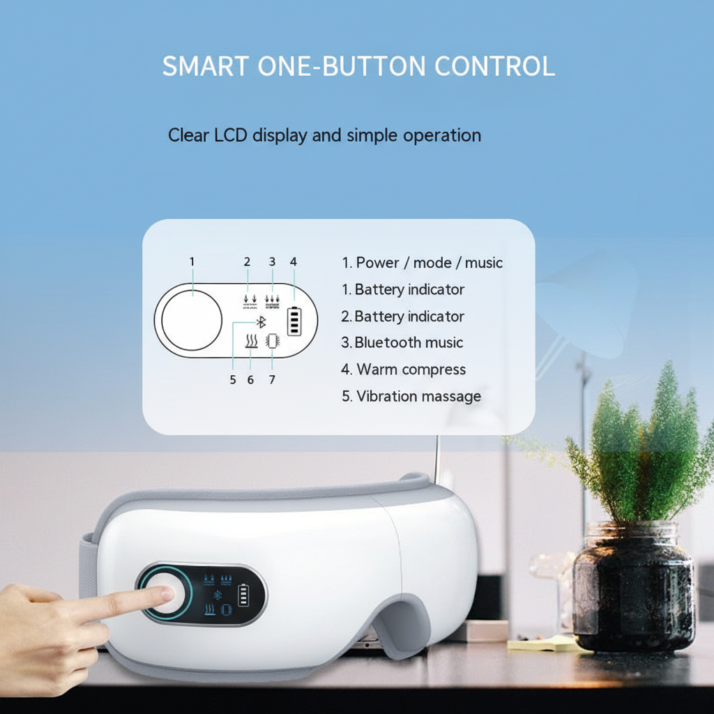 CalmSight heated eye massager with clear one-button control and feature specifications