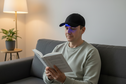 Person reading a book while wearing the black GlowRoot red and blue light therapy hair care cap with blue LED light