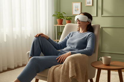 Woman relaxing in a living room wearing the CalmSight heated eye massager