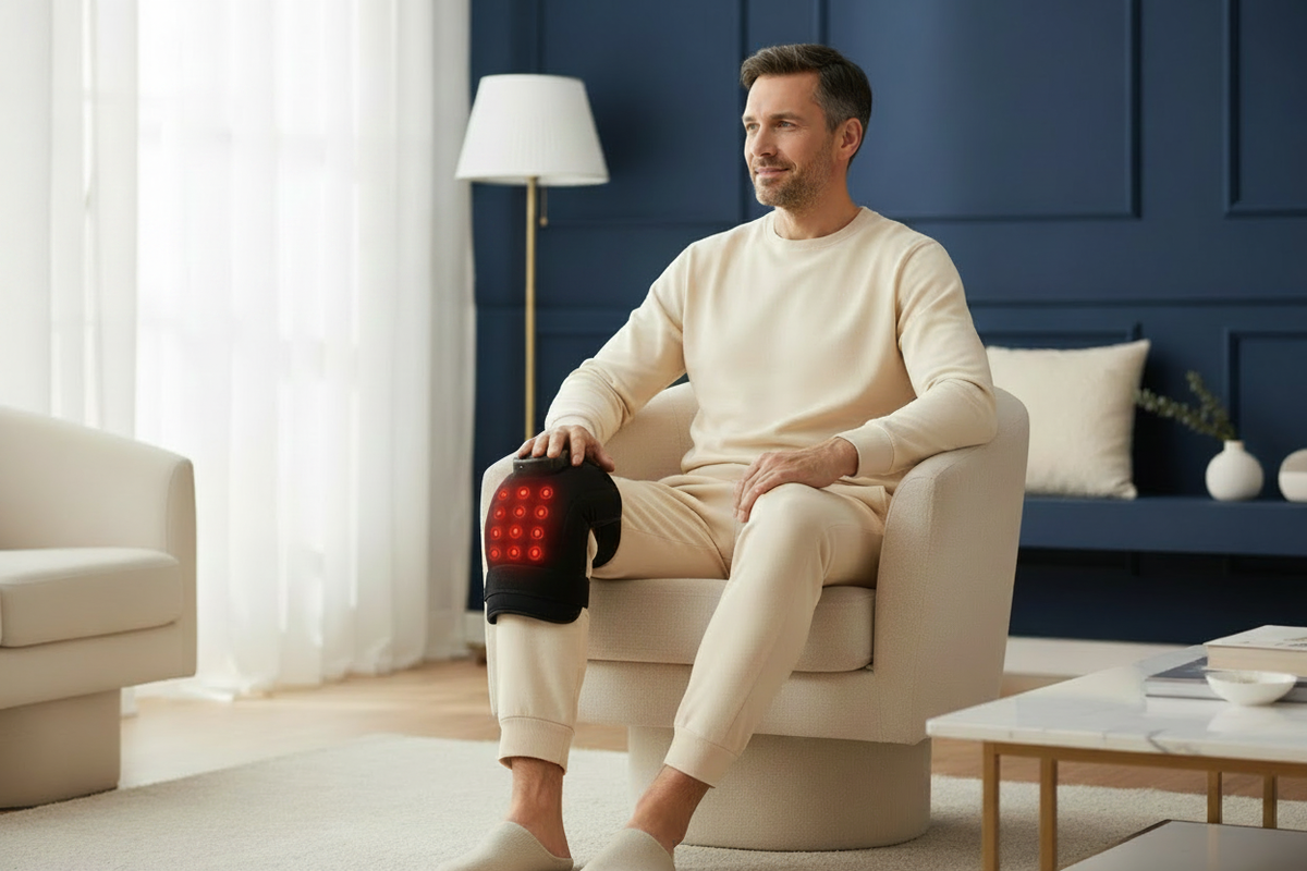 A man in his 40s using a black heat and vibration knee massager with a single customer-focused headline