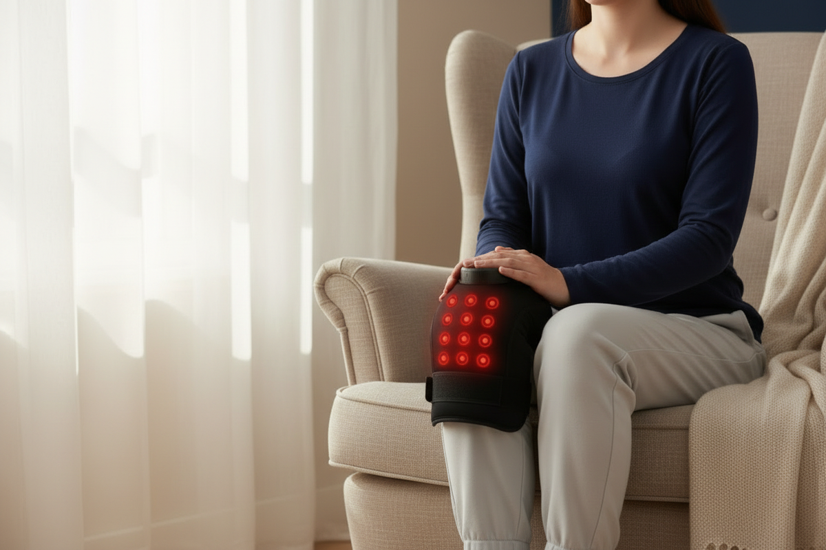 Fully dressed woman in a deep navy top and light trousers wearing a black heat and vibration knee massager around her covered knee in a cozy window-side setting