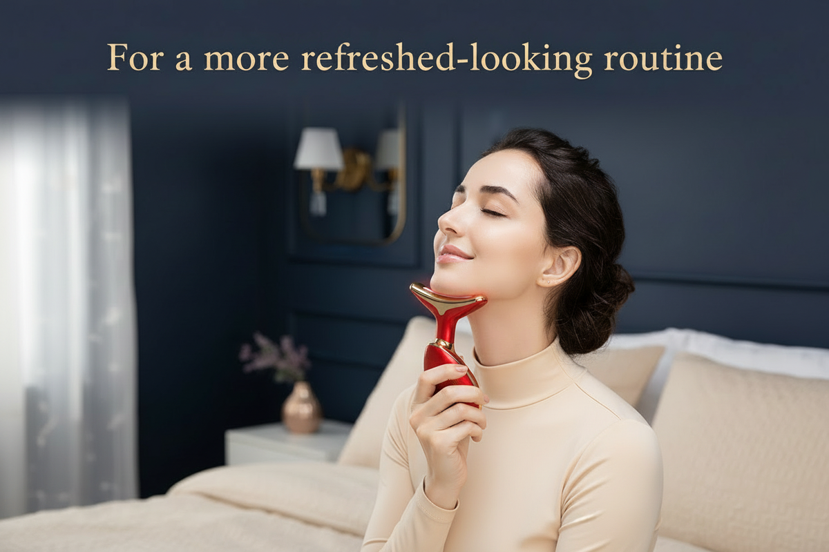 A fully clothed woman using the exact red and gold EMS Skin Lift Rejuvenator along her jawline and neck with a customer-focused headline