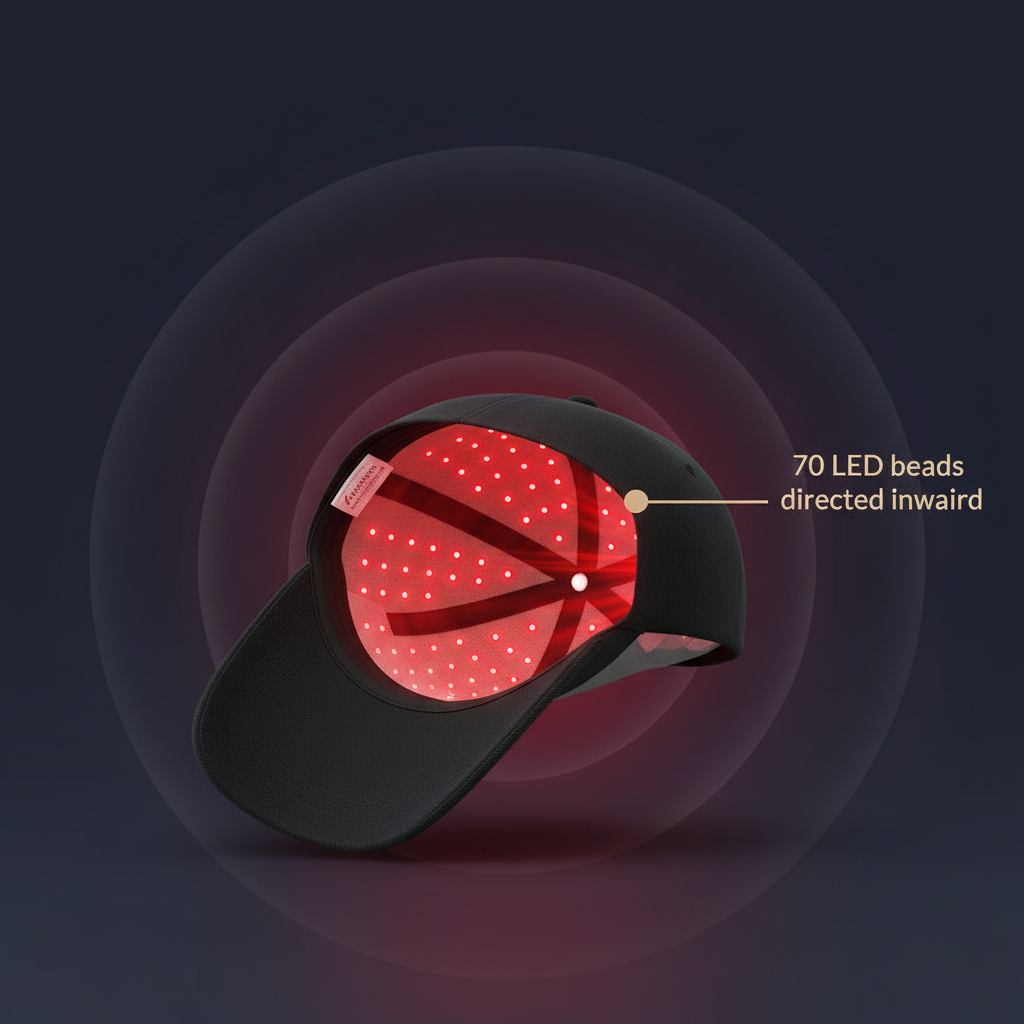 LED therapy cap with 70 inward-facing LED beads