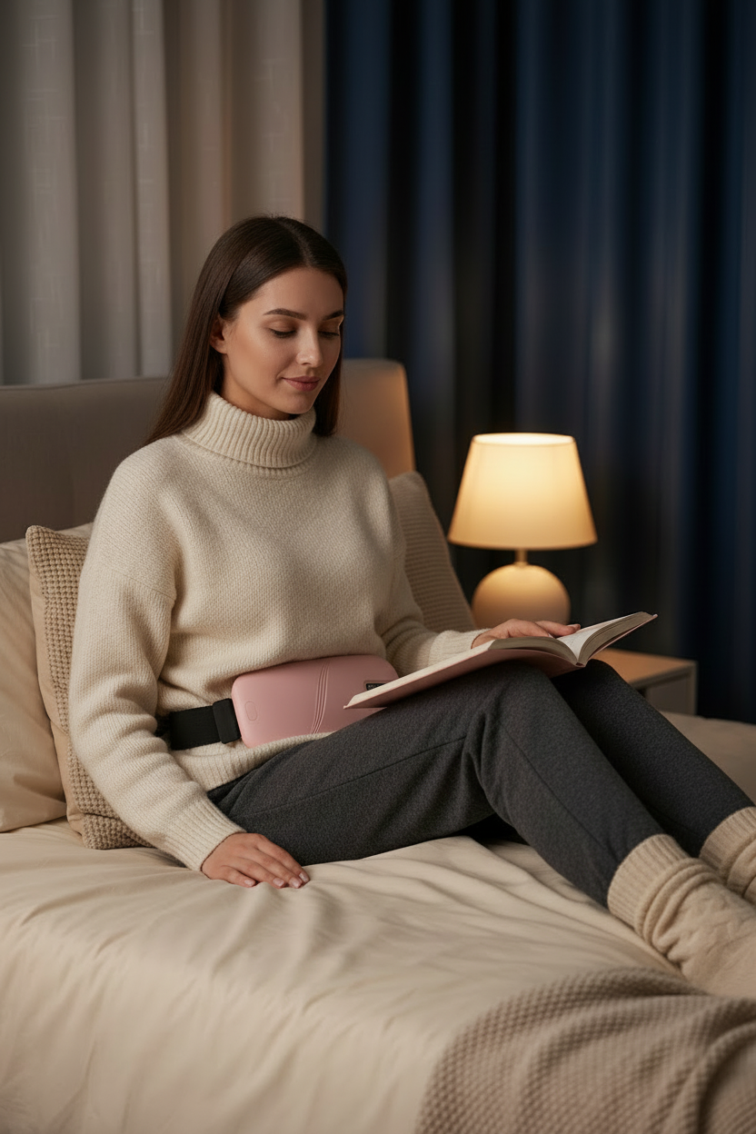 Pink heating pad clearly visible in a cosy bedroom