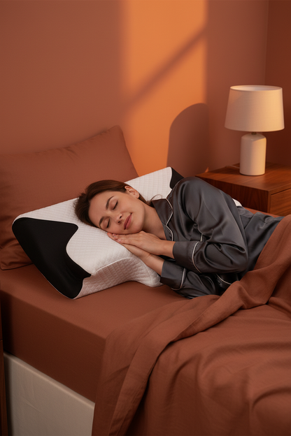 Woman side-sleeping with the ergonomic pillow