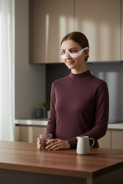 Woman wearing under-eye massager glasses in a deep plum outfit