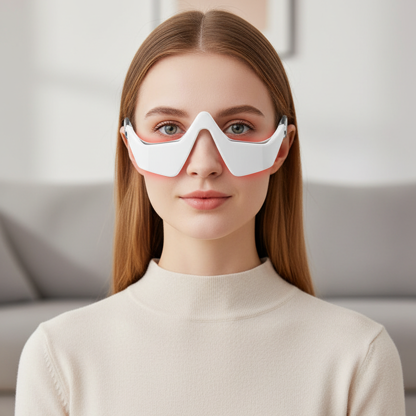 Woman wearing under-eye massager glasses