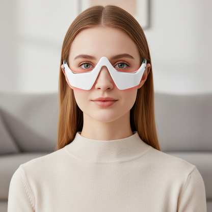 Woman wearing under-eye massager glasses